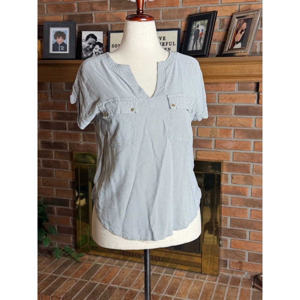 Jones New York Signature Blouse Womens Grey Striped Split Neck Top Large